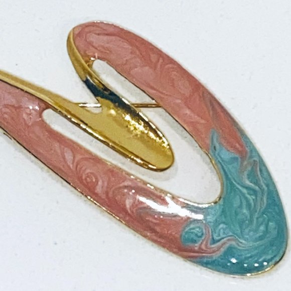Vintage 1990s Art Deco Brooch Pink Aqua Gold - Picture 2 of 4